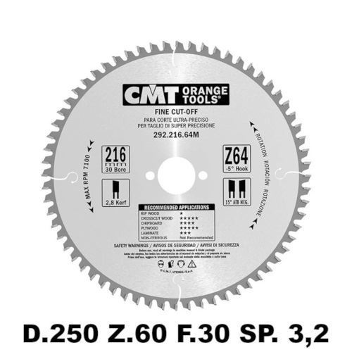 Immagine di lame seghe circolari hm wz+ d.250 f.30 z. 60 spessore 3.2                                                                                           