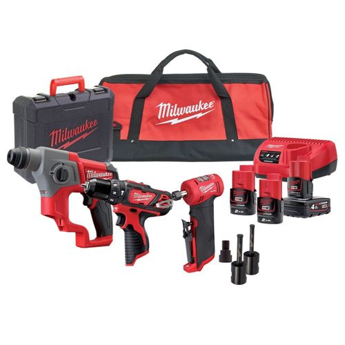 Immagine di Milwaukee M12 FPP3B-423B kit 12V trapano con percussion M12 BPD , martello SDS-Plus M12 CH e minismerigliatrice M12 FDGA